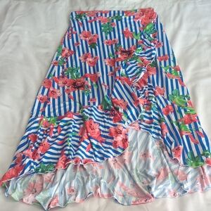 Maxi High Low Skirt Floral & Striped Elastic Waisted  Size Xlg